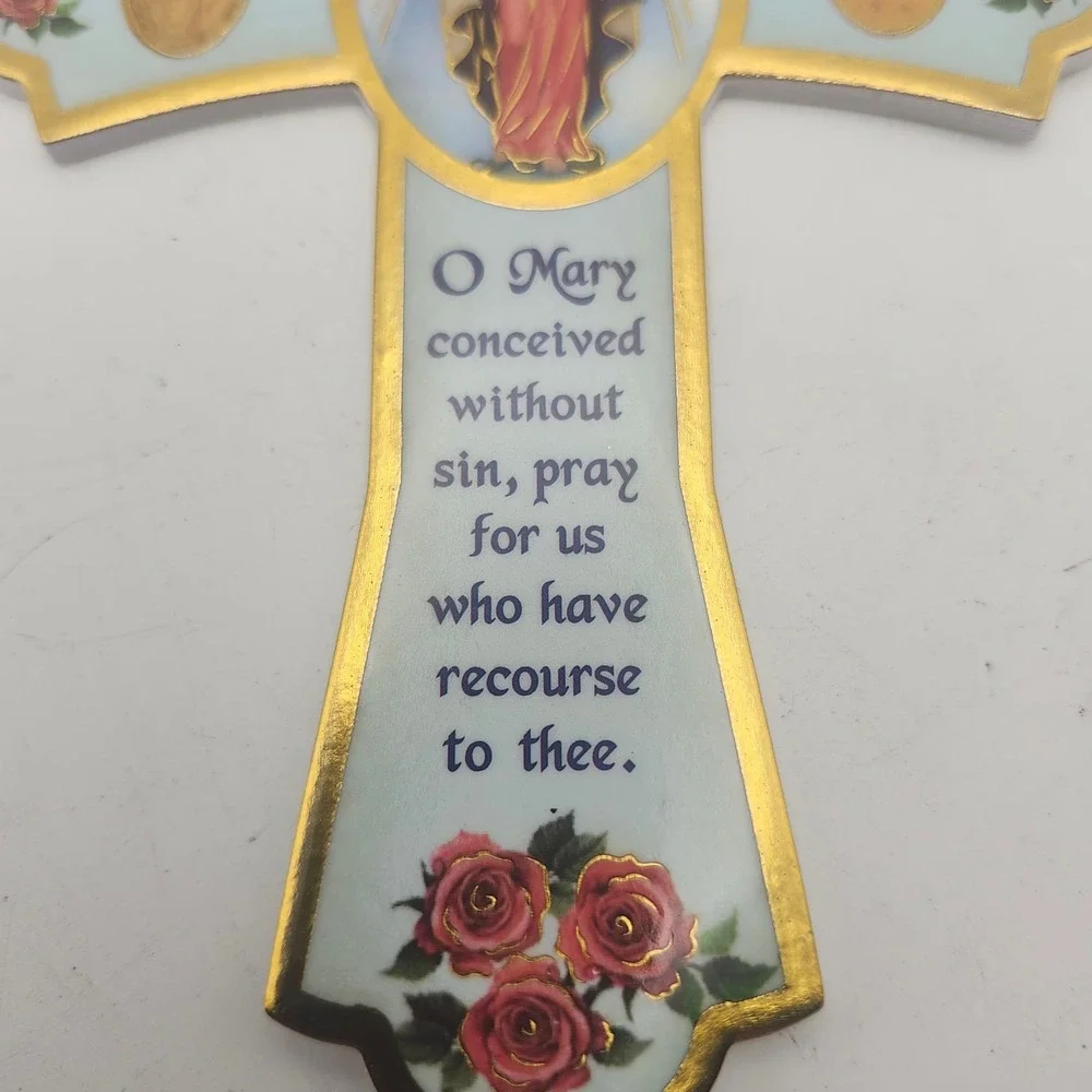 Our Lady Miraculous Medal Catholic Virgin Mary Roses Prayer Wall Cross Decor